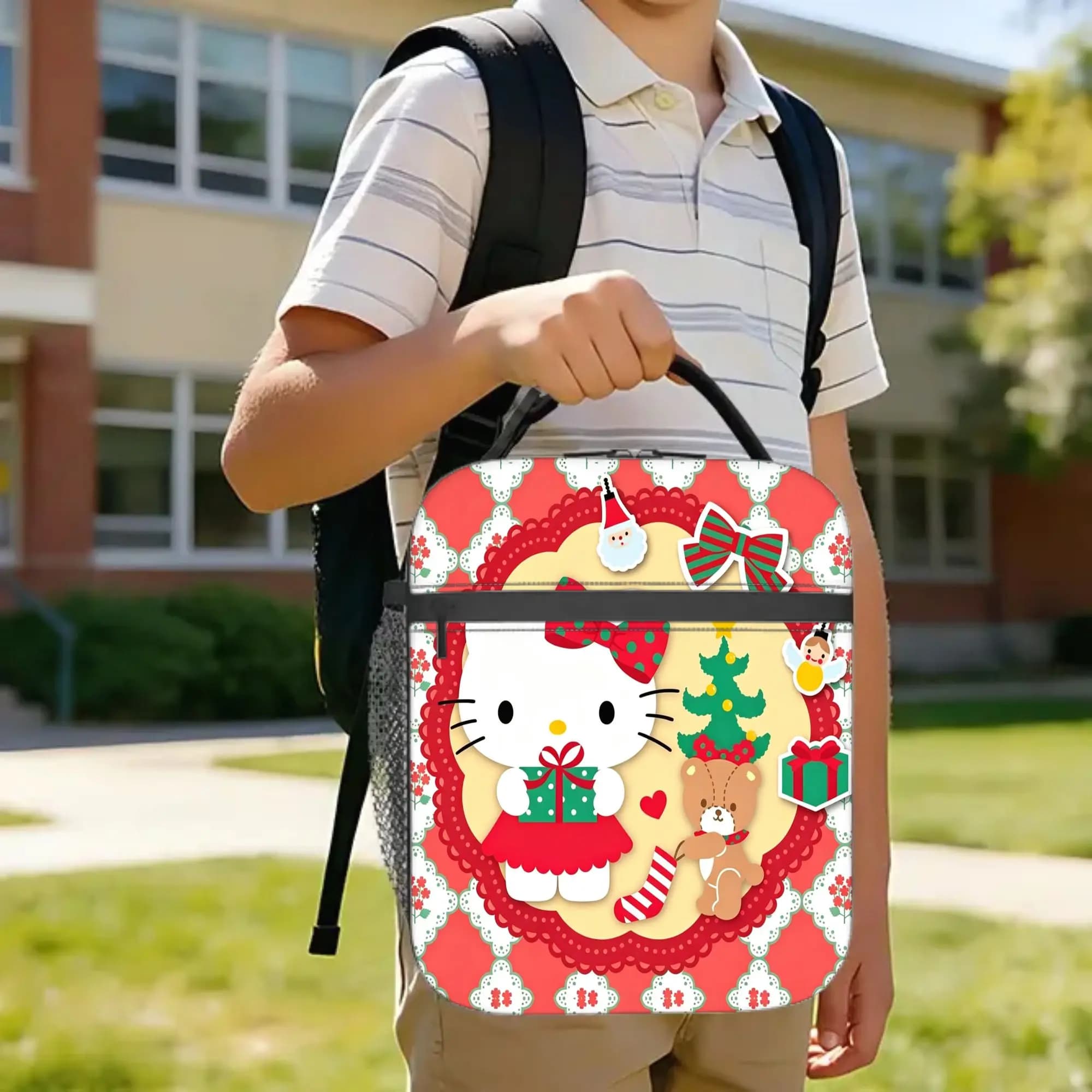 Merry Christmas Xmas Insulated Lunch Bags Thermal Bag Lunch Container Kawaii Neko Leakproof Tote Lunch Box Food Bag School