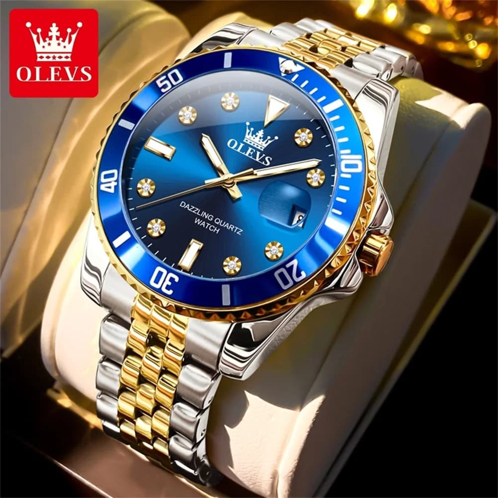 OLEVS Luxury Men's Watch Business Waterproof Men's Watch Light Blue Quartz Watch Stainless Steel Reloj Relogio Masculino