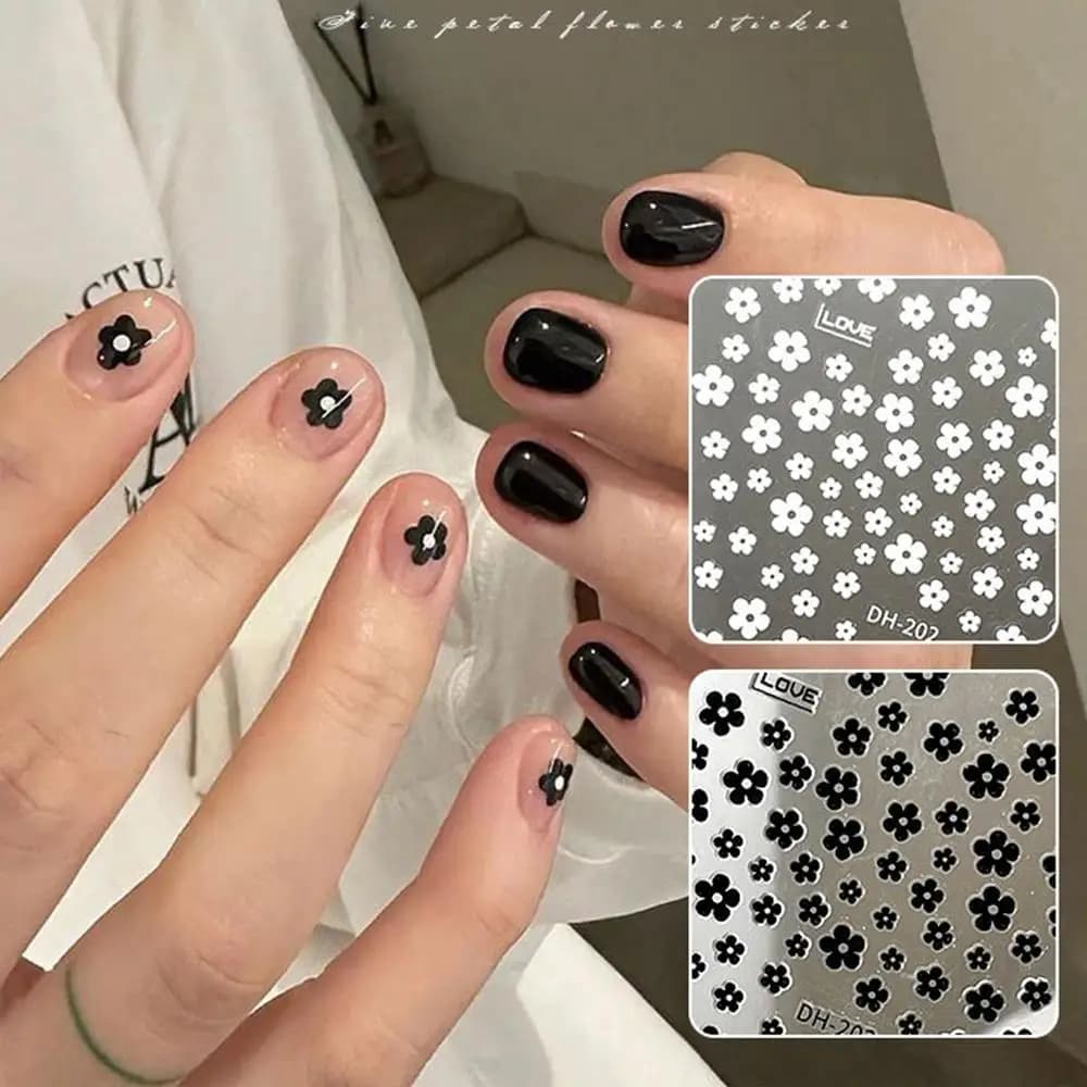 1 pz 3d nero bianco 5 petali fiori adesivi per unghie mini floreali autoadesivi decalcomanie per unghie fioritura fresca decorazioni per manicure cursore