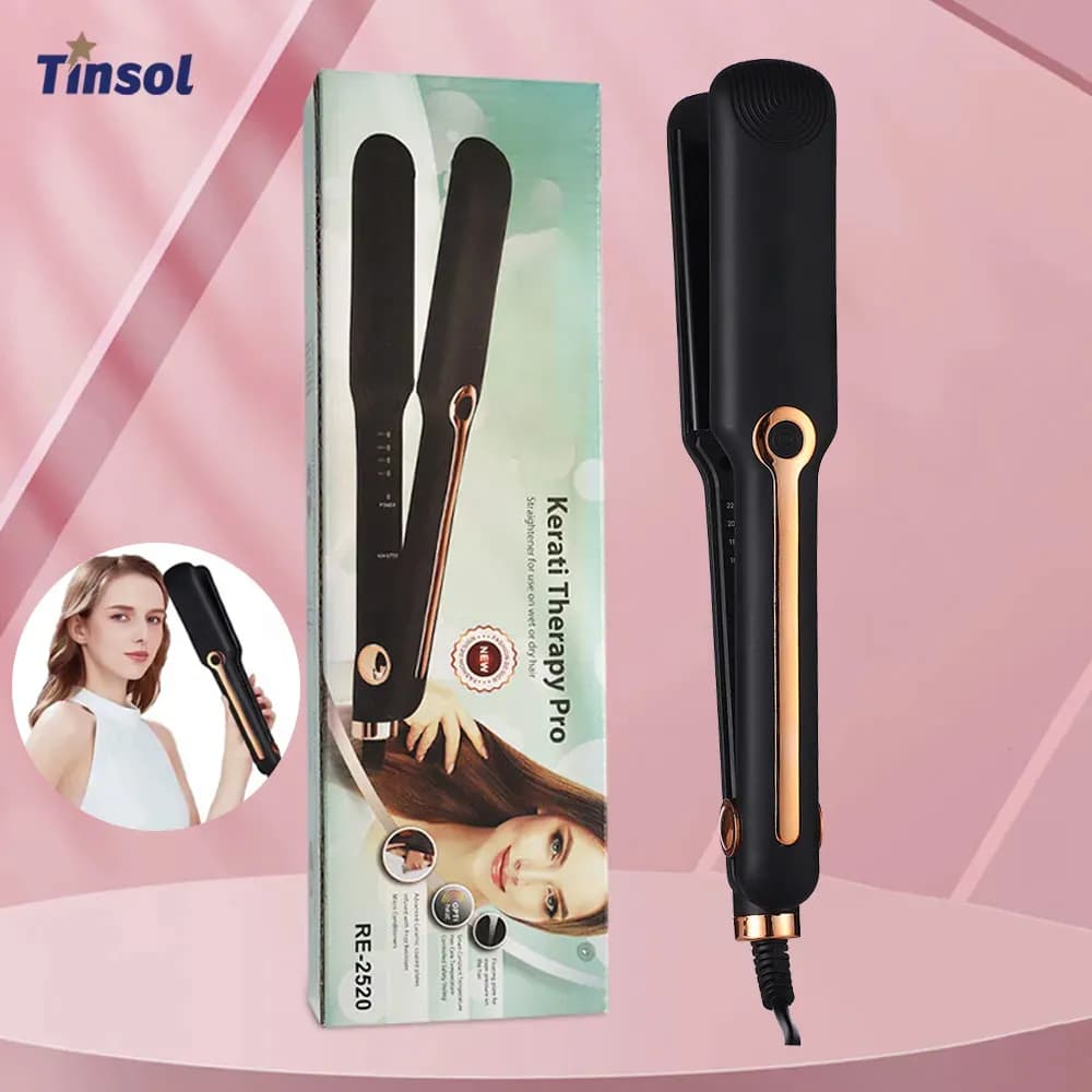 Professional ceramic hair plate TINSOL, wide plate to negative ions, clip to smooth hair at adjustable temperature