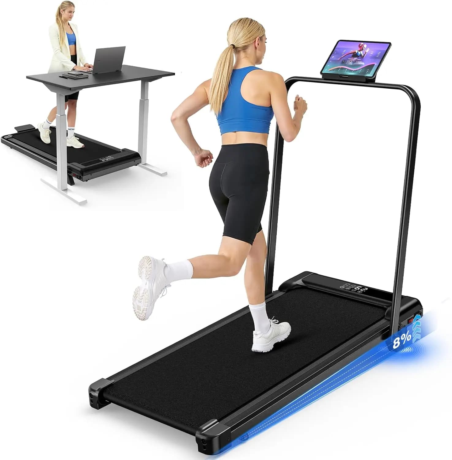 Under Desk Treadmill with Handle Bars - 3.5HP Portable Foldable Walking Pad, Ultra Quiet ≤40dB, 330LB Capacity, Wide Running Belt, LED Display & Remote Control for Home Office Use