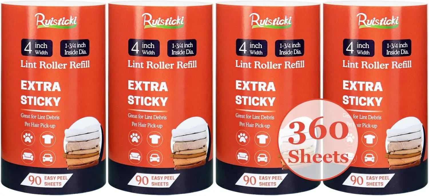 Ricariche per Rullo Levapelucchi da 4 Pollici, Confezione da 4, 90 Fogli Ciascuno, Extra Adesivi per Peli di Animali, Compatibili con Scotch Brite