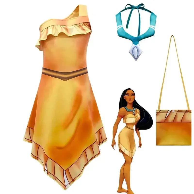 2025 Halloween Cosplay Ragazze Pocahontas abito da principessa con borsa per collana bambini Spiaggia Abbigliamento indiano Festa di compleanno di Halloween dre