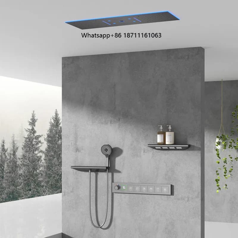 Multi-Function Concealed Shower System Single Ceramic Thermostatic Mixer Kit Massage Jets In-Wall Rainfall 6 Way Brass Brushed