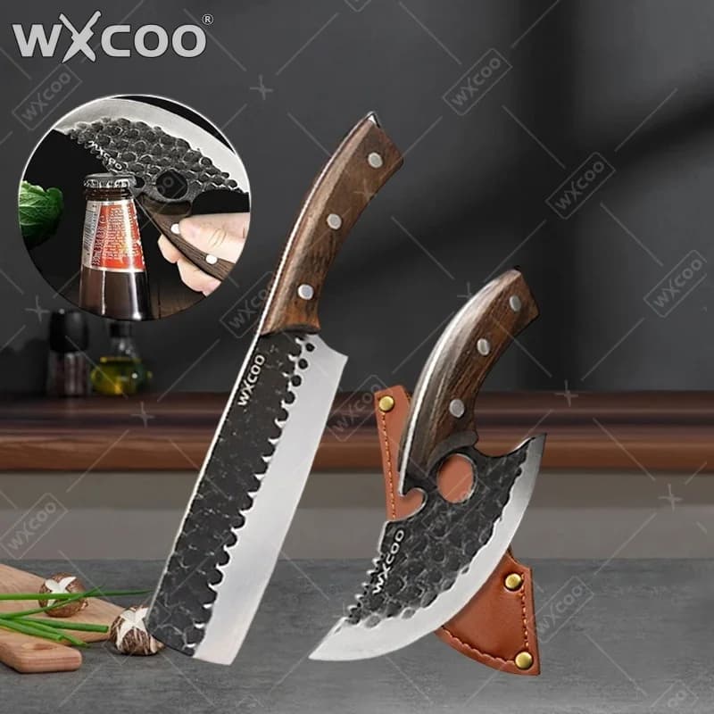 Coltello da Cucina Multifunzionale WXCOO con Manico in Legno, Coltello da Macellaio, Tagliacarne, per Affettare Frutta, Apribottiglie, da Chef