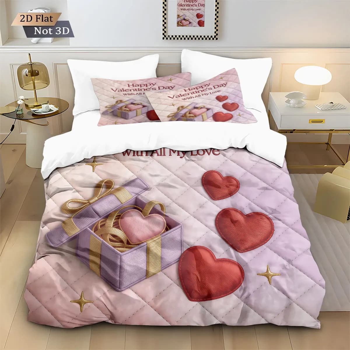 Set copripiumino Coreless stampato amore romantico per San Valentino da 3 pezzi, comodo decorazione per biancheria da letto per camera da letto, lavabile in lavatrice