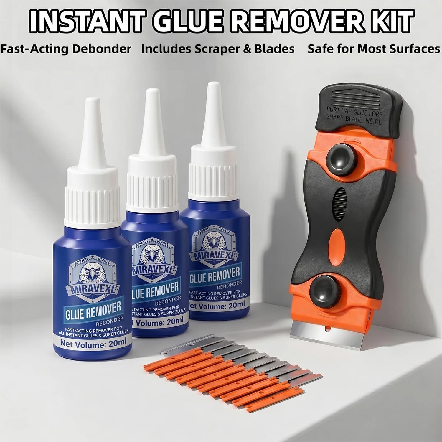 Adhesive Remover Kit with Dual Blade Scraper Fast Acting Traceless Glue Debonder for Auto Car Glass Home Window Residue Clean