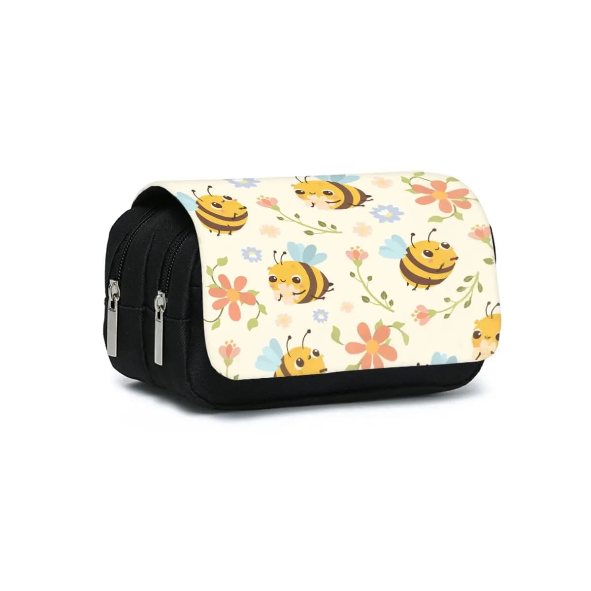 Astuccio in Tessuto con Doppia Chiusura a Motivo Ape Carino, Regalo Ideale per Bambini/e, Porta Penne Piatto 2D per Scuola e Ufficio