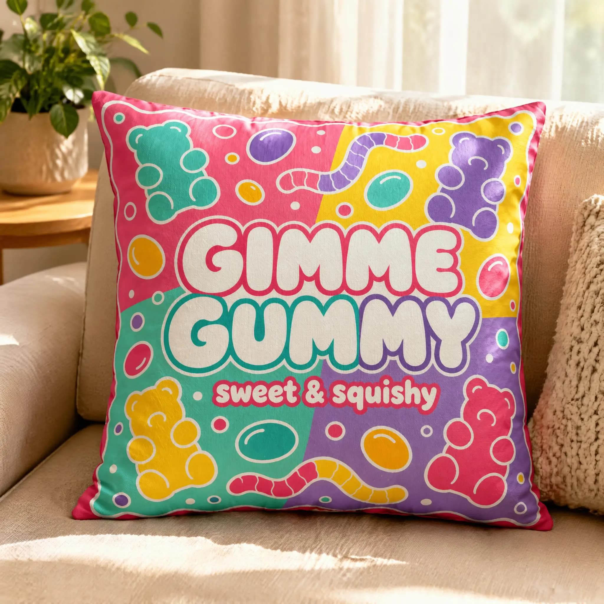 Pastel Gummy Bear Sweet Graphic Pillow Cover, Suitable For Sofa Bedroom Decoration, Unique Holiday Gift