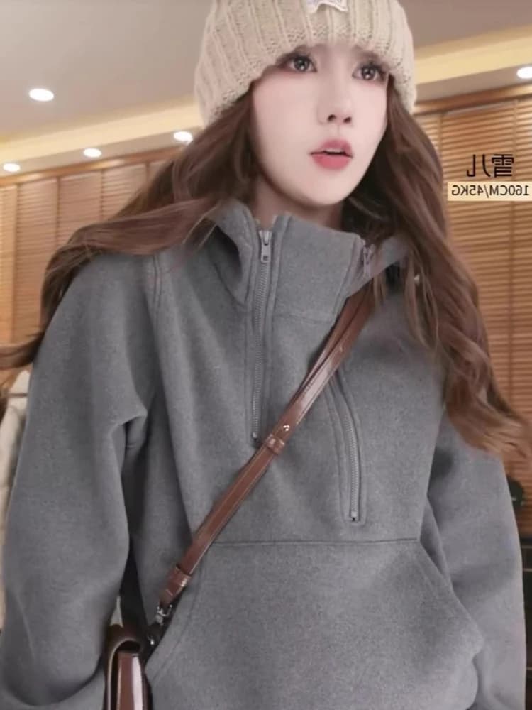 Thickened Warm Korean Style Hoodie Double Zipper Design Versatile Slimming Sweatshirt Headover Outerwear Top for Women