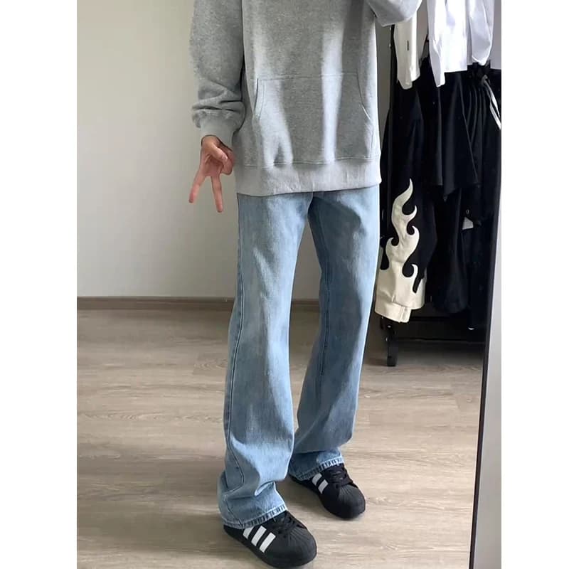 Light Blue Men's Jeans Slim Fit Straight Leg Bell Bottoms mid Waist Long Pants Youthful Trendy American Vibe Small Size Jeans