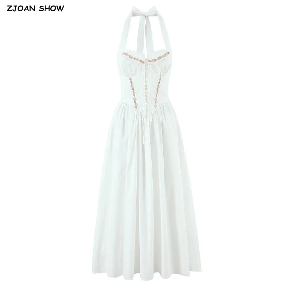 2025 Sexy bianco ricamo fiore risvolto fiocco Halter Sling Dress donna croce allacciatura davanti vita bassa altalena abiti lunghi Robe