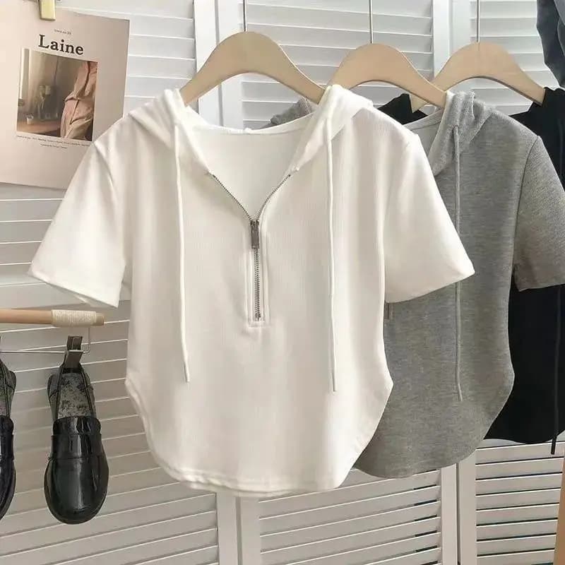 Summer New Style Pure Desire Short Sleeve Hot Girl Women's T-shirt Drawstring Hood Zipper White Polyester Spandex Blend Top