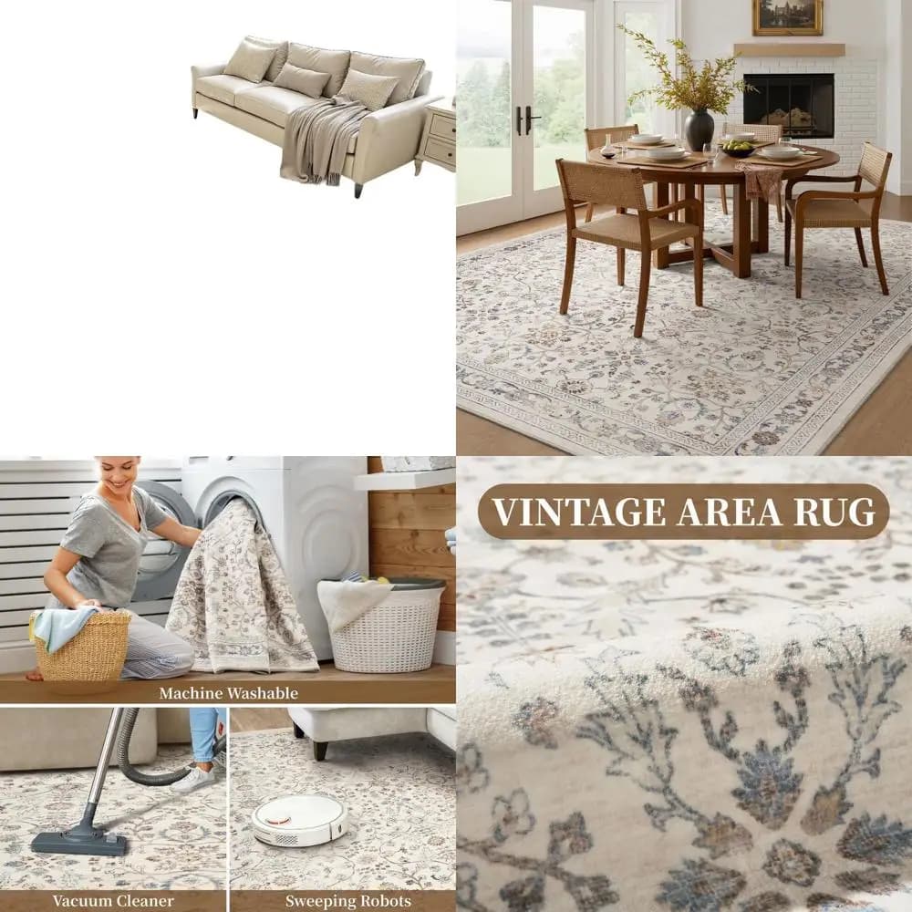 5x7 beige carpet in vintage style aged effect for living room and bedroom - Soft, non-slip, washing machine
