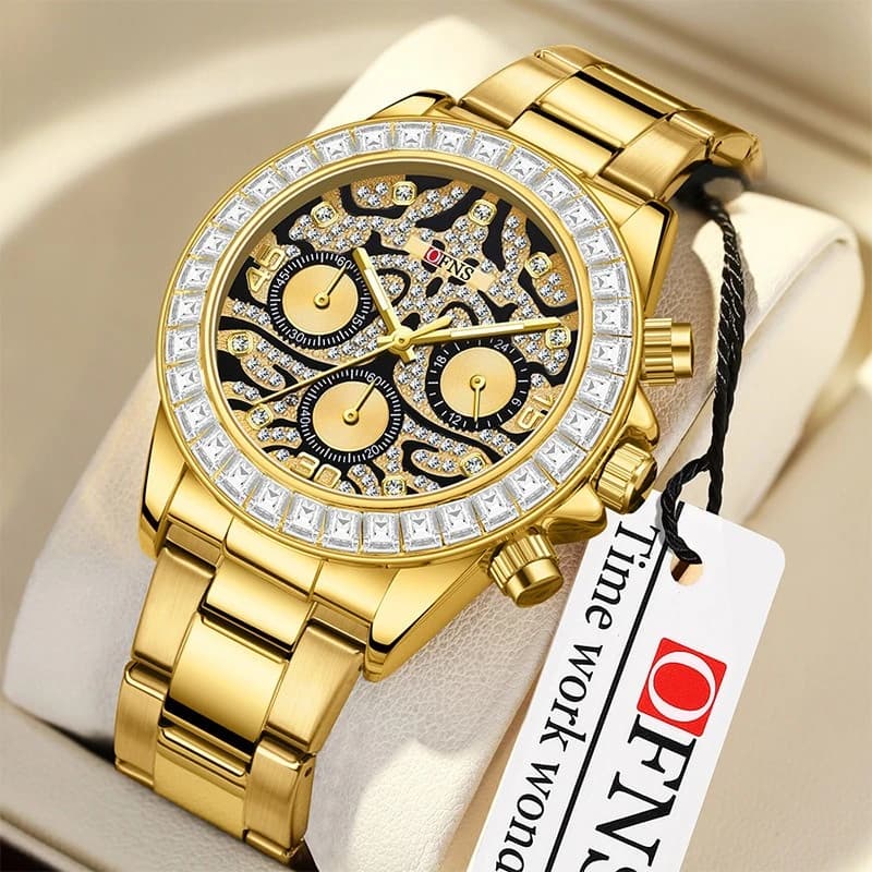Successful OFNS multifunction quartz watch, with three quadrants and six hands, with diamonds set