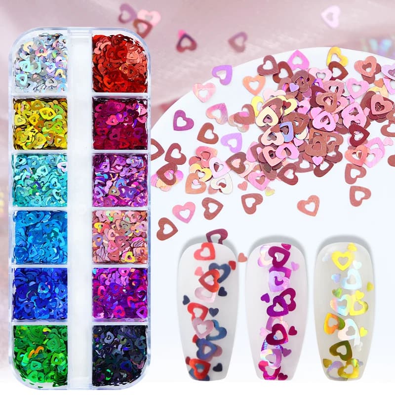 Holographic Love Heart Nail Art Paillettes Decorazione Laser Hollow Hearts Glitter Fiocchi San Valentino Accessori e strumenti per unghie fai da te