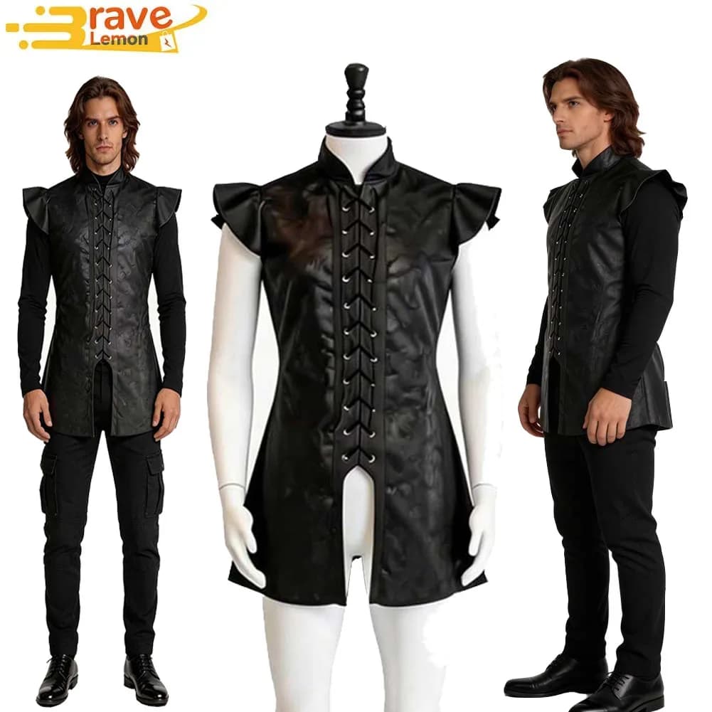 Costume by Prince Jon Cosplay, Awesome Black Men's Dress with Vests and Pants, Masculine Costume for Halloween, Carnival, Party, Night Guard Outfit