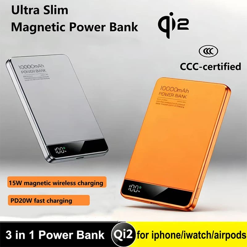 Power Bank Magnetico Ultra Sottile Qi2 Wireless con Ricarica Rapida PD 20W, Batteria Esterna per Magsafe per iPhone 12-17 e iWatch