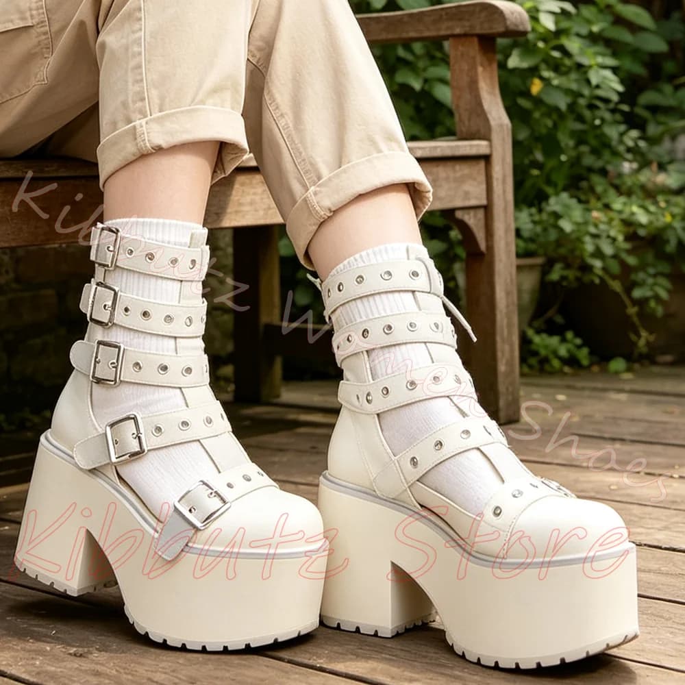 Multi Buckle Cutout Sandals Platform Ankle Boots Rivets Straps Chunky Heel Punk Goth Y2K Adjustable Band Street Leather Fashion