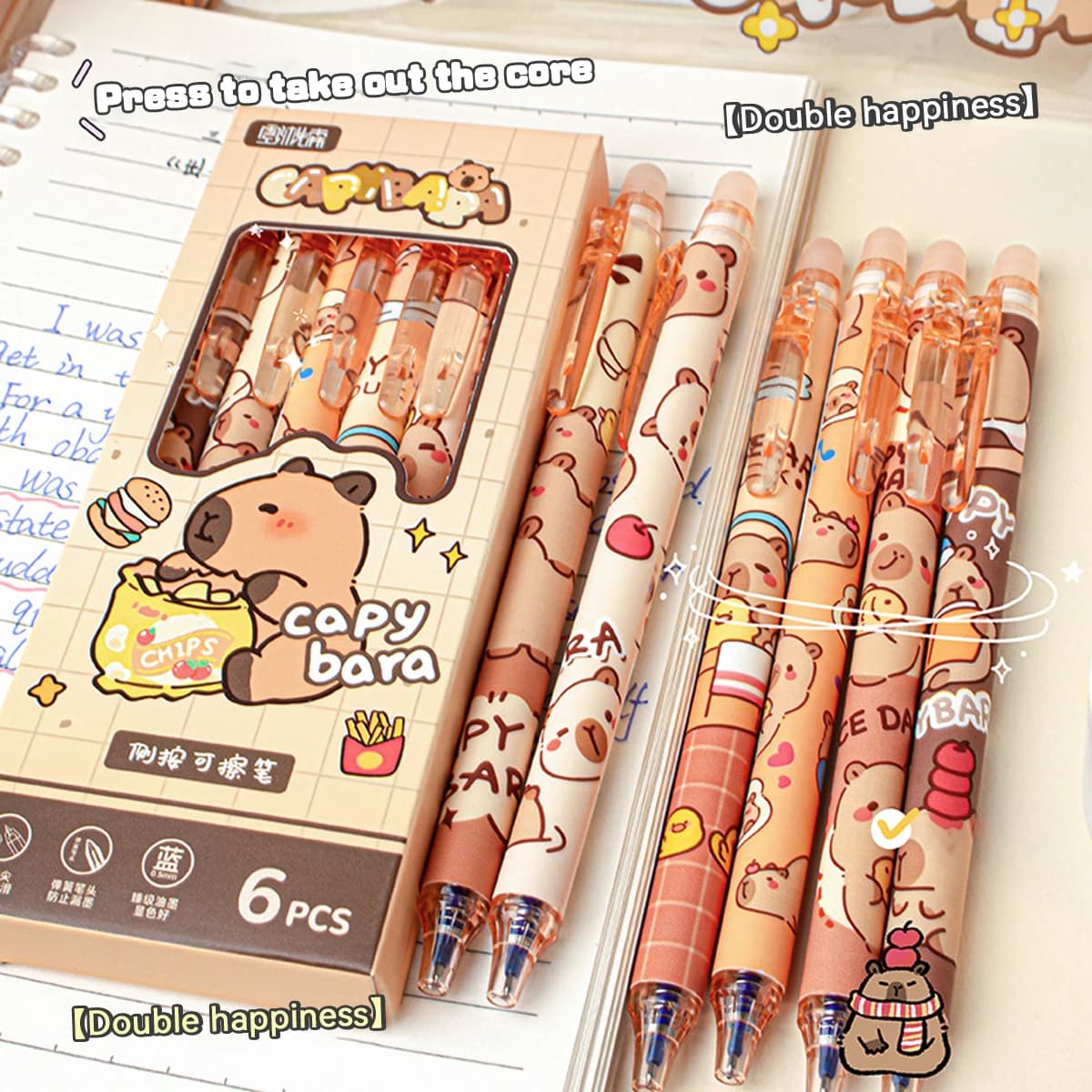 Capibara Penne cancellabili 6 pezzi Penna gel inchiostro ricaricabile Senza sbavature Materiale scolastico per animali carini per studenti Regali di cancelleria per ufficio