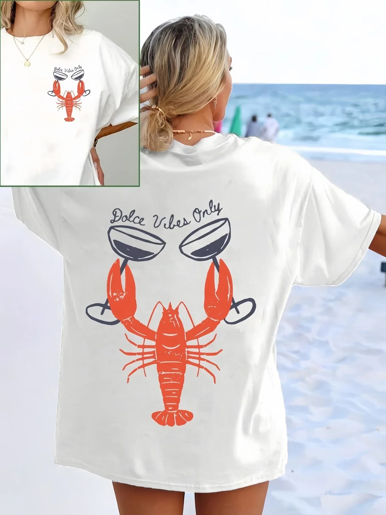 T-shirt a maniche corte con stampa di aragosta e bicchiere di vino, stile casual e versatile, adatta per l'uso quotidiano estivo e per uscire