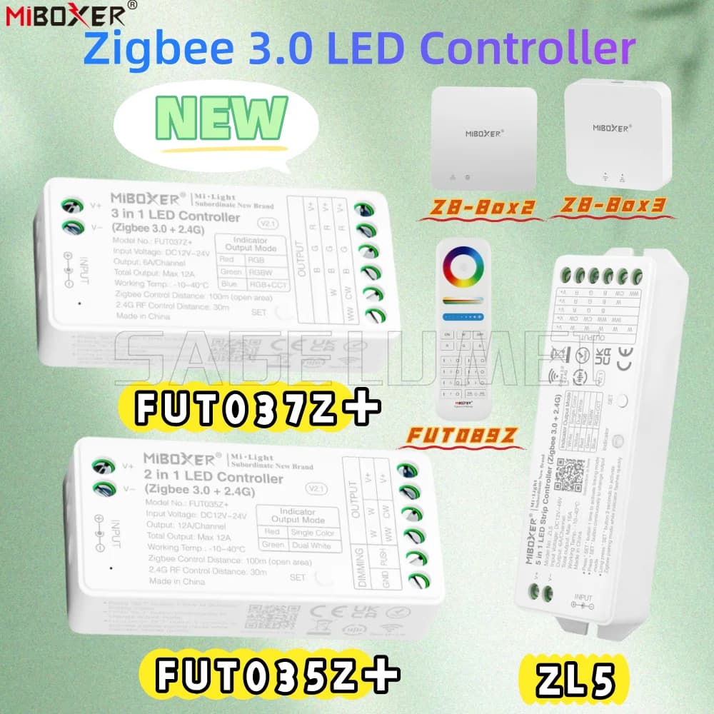 Miboxer Nuovi controller intelligenti Zigbee 3.0 FUT035Z/037Z ZL5 per dimmer per strisce LED SC/RGB/CCT/RGBW con telecomando RF FUT089Z ZB-Box2/3