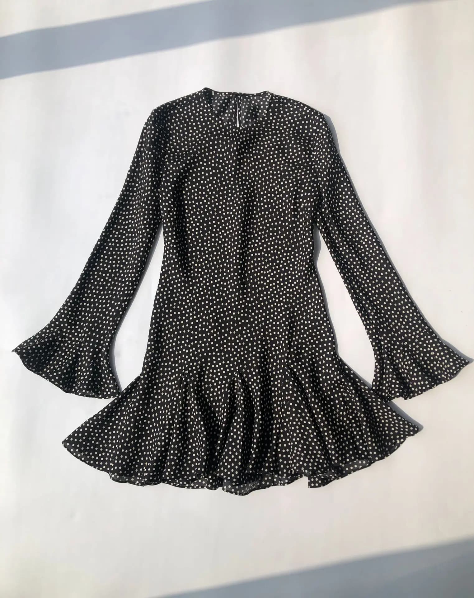 Women 100% Silk Black Dress Polka Dot Print Round Neck Flare Sleeve Vintage Ladies Mini Robe