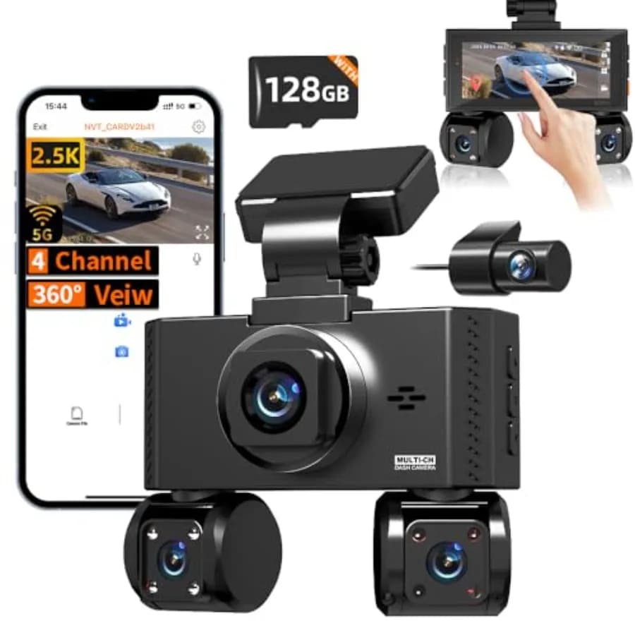 Dash Cam a 4 Canali per Auto con Visione a 360° (Anteriore/Posteriore/Sinistra/Destra), 2.5K QHD, Visione Notturna Superiore, WiFi 5G, Schermo Touch IPS da 3.16 Pollici