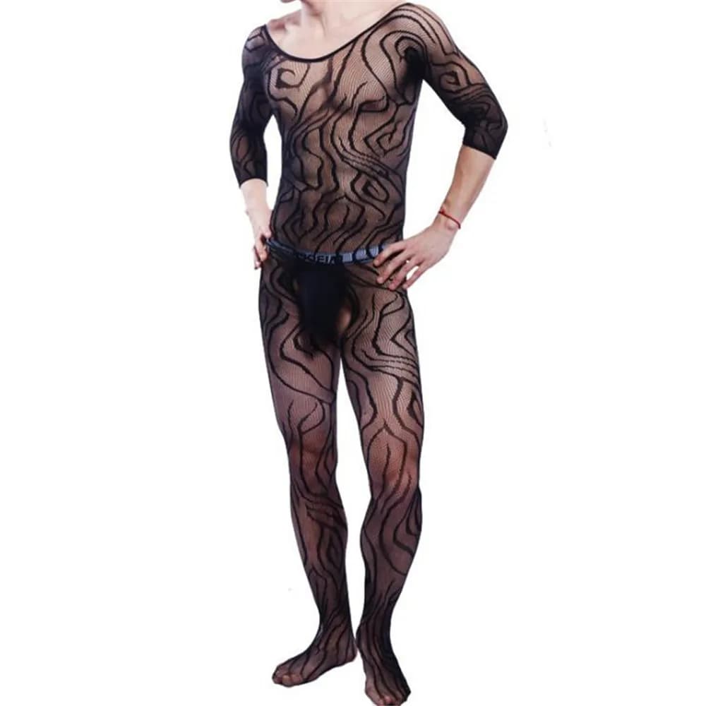 Costume Erotico da Uomo Sexy in Maglia Trasparente con Stampa Zebrata, Apertura all'Inguine, Senza Intimo Incluso, per Adulti