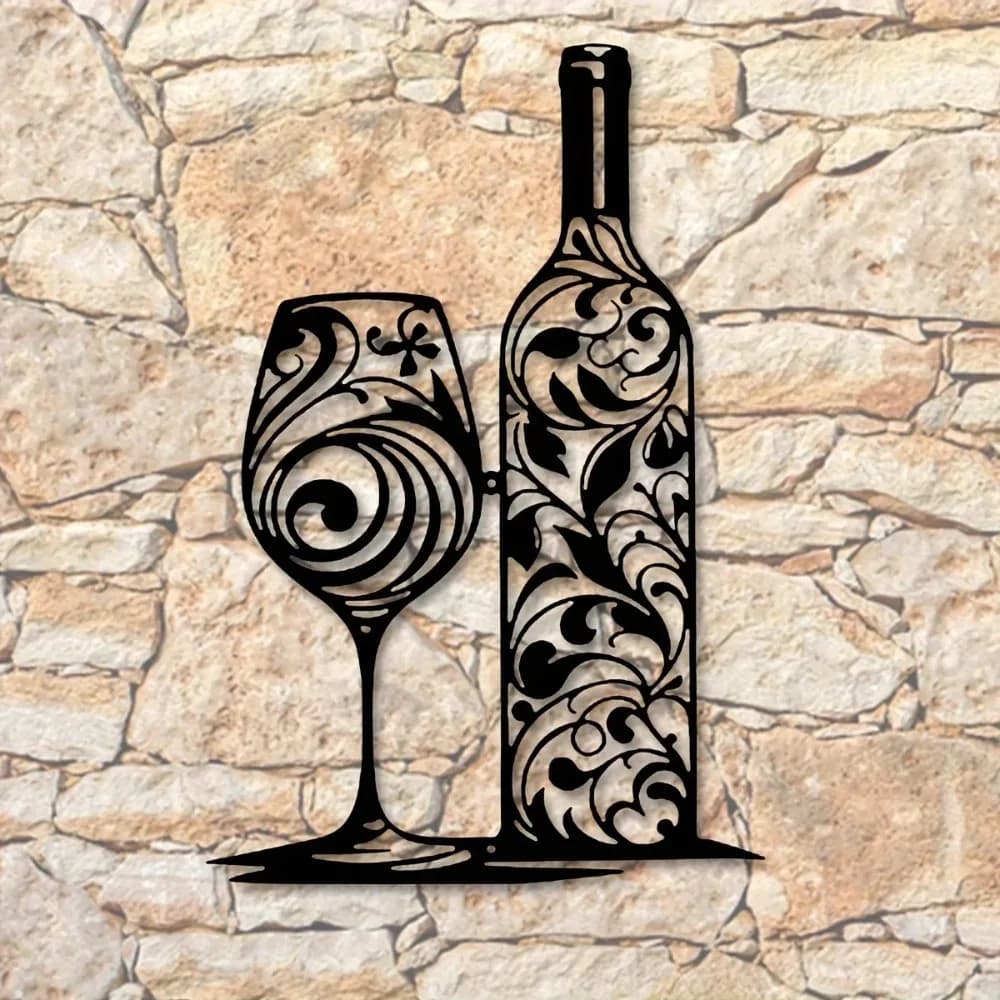 1 elegante decorazione da parete in metallo per bottiglie di vino e bicchieri con motivi a vortice neri – perfetta per bar domestici, cucine o ristoranti