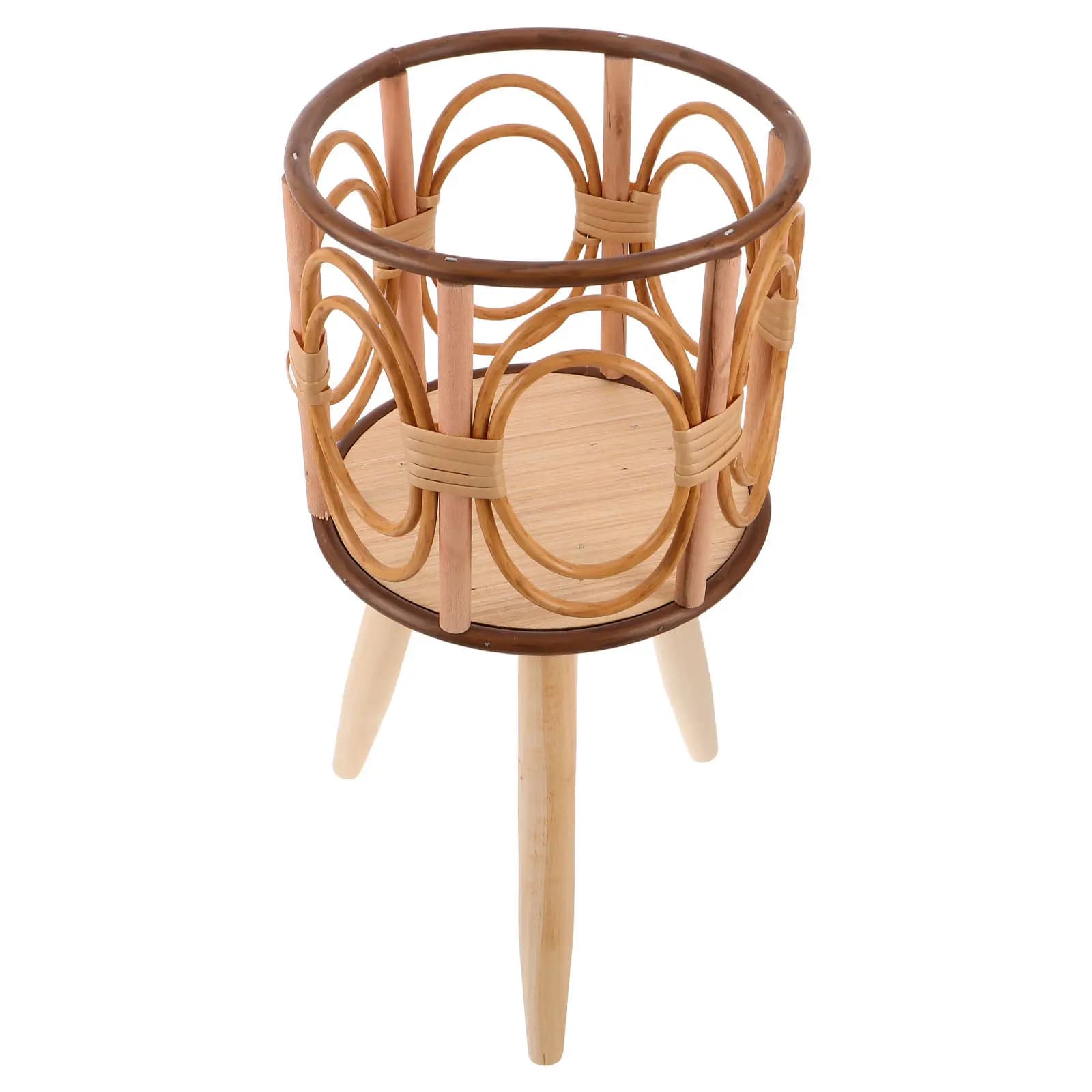 Wood Plant Stand Handwoven Circular Floor Standing Flowerpot Rack with Stable Legs Natural Rustic Planter Pot Holder Balcony