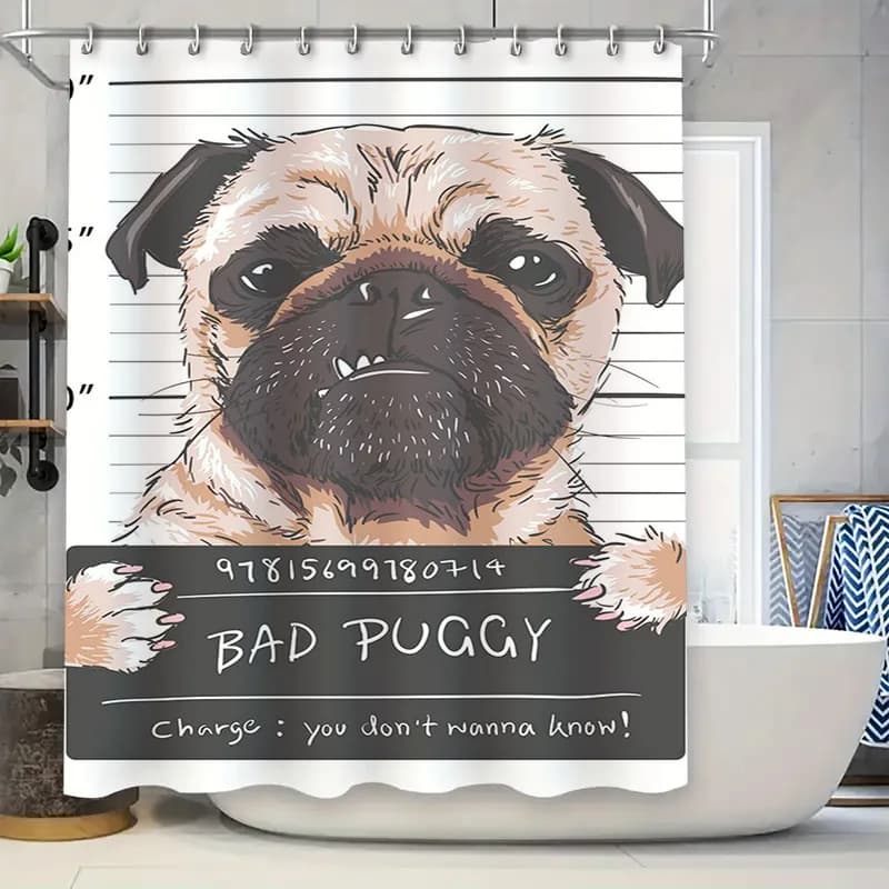 Adorabile tenda da doccia per cani: arredamento per il bagno con un simpatico carlino con un divertente design mugshot perfetto per gli amanti degli animali domestici # arredamento bagno