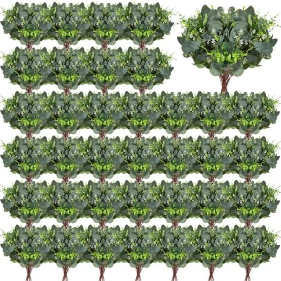 100 Pcs Faux Eucalyptus Stems with White Seeds, Artificial Green Leaves for Decoration for Wedding Bouquet Centerpiece Flower A