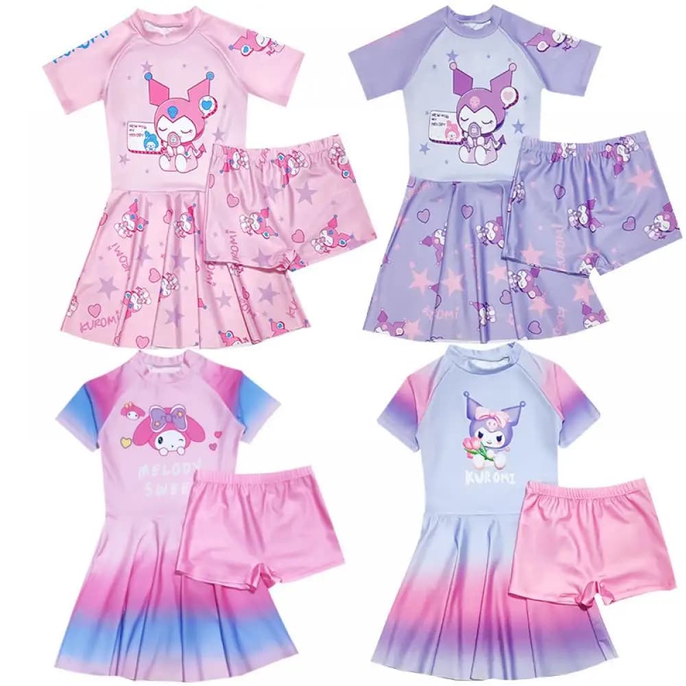 Sanrio My Melody Kuromi Bikini Princess Gonna Costume da bagno a due pezzi Top + Pantaloncini Costumi da bagno Summer Beach Abiti ad asciugatura rapida