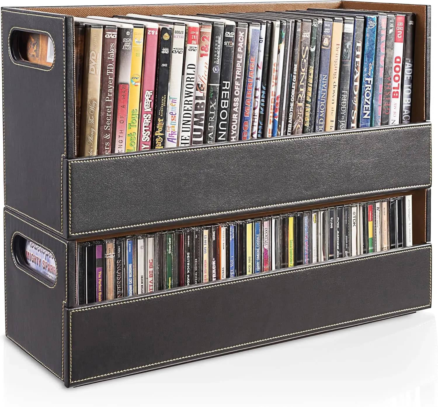 Scatola portaoggetti in similpelle per DVD e CD - Organizzatore per Blu-Ray, custodie per videogiochi, cassette VHS, contiene 28 DVD e 40 CD