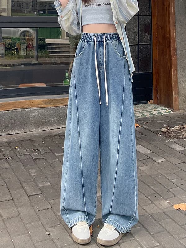 Retro Blue Denim High Waist Drawstring Floor-Length Loose Slimming Wide Leg Pants Women's Casual Asymmetric Jeans