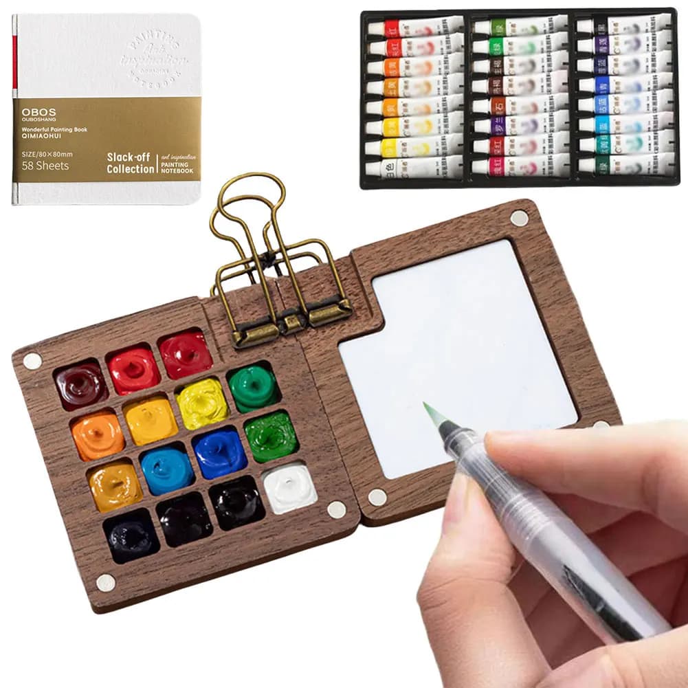 Set di Acquerelli da Viaggio, Mini Palette Tascabile per Artisti, Scatola in Legno con Griglia per Colori, Regalo per Bambini