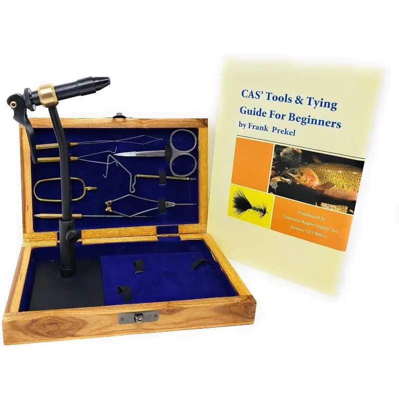home.Kit di attrezzi standard per legare mosche con scatola e libro in legno, morsa rotante, bobina, forbici, finitura frusta, compl
