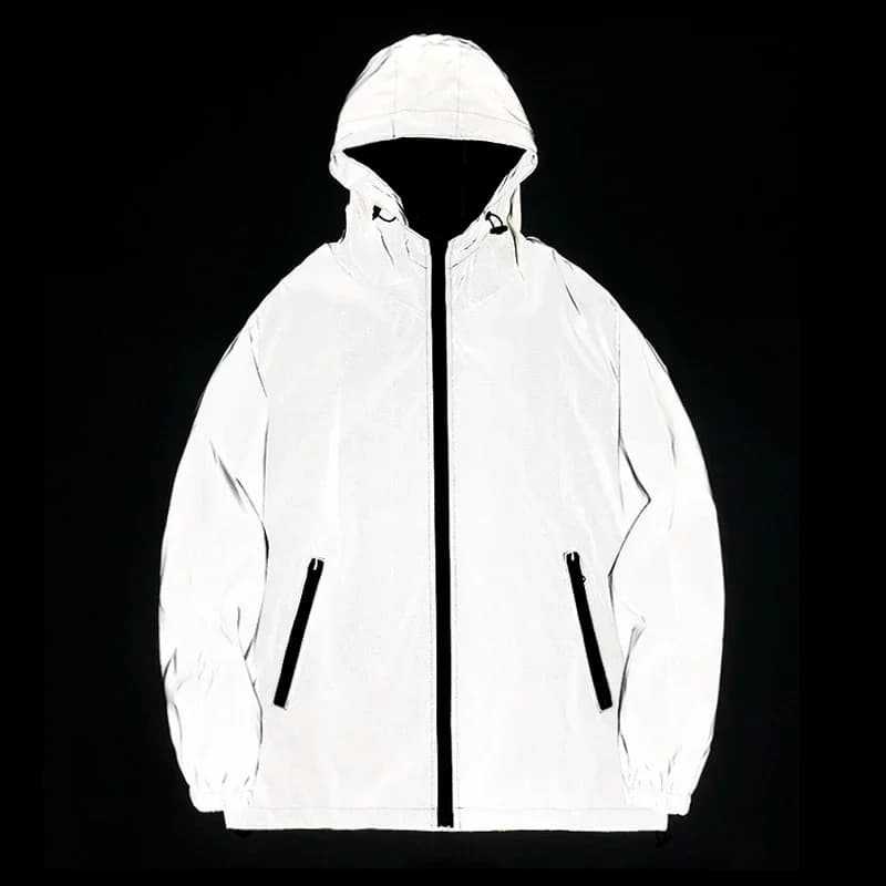 Nuove giacche riflettenti notturne da uomo Giacca a vento con doppio tessuto Giacca con cappuccio Hip Hop Ballerino personalizzato Cappotti con cerniera impermeabile