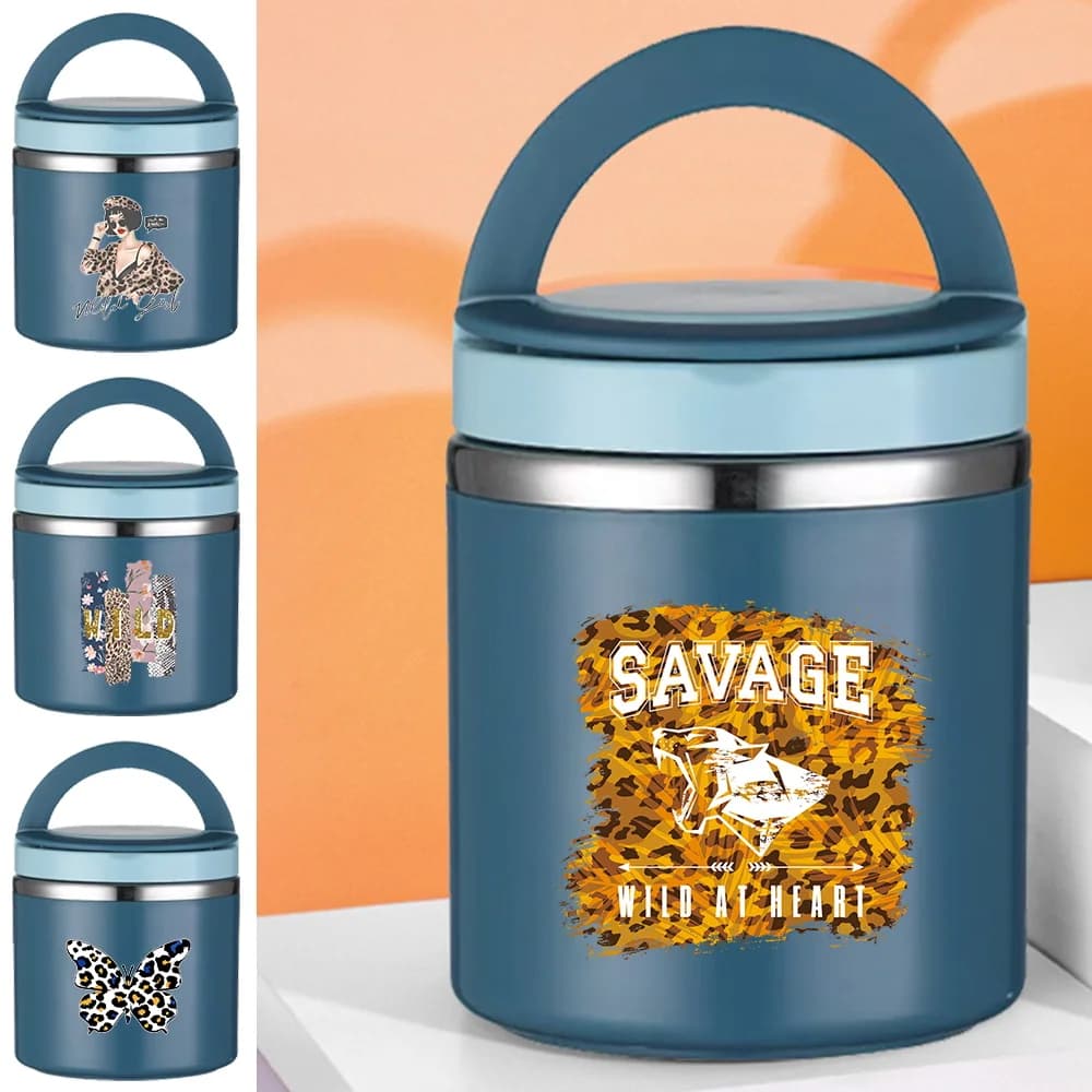 Contenitore Termico Semplice, Tazza Isolante per Zuppa, Piccola Scatola Porta Pranzo per Bambini e Lavoratori, Portatile per Campeggio e Picnic, Design con Stampa Selvaggia, Unisex