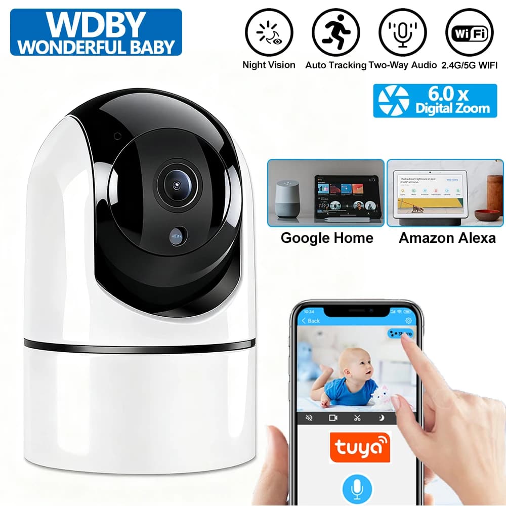 Baby monitor WiFi 5G TUYA, telecamera IP interna HD da 6 MP, tracciamento automatico, compatibile con Alexa e Tuya Smart, per la cura dei bambini e la sicurezza domestica