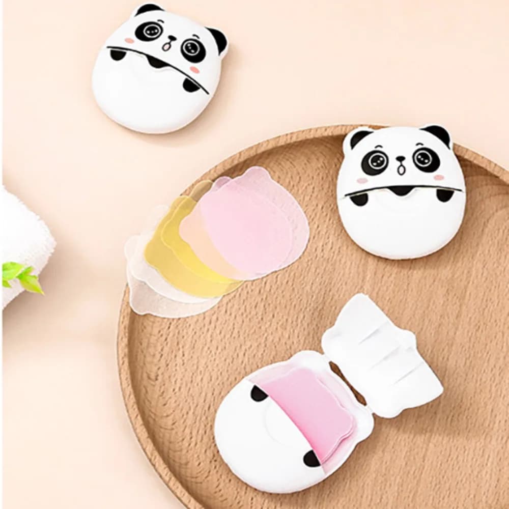 50 pz/scatola Fragrante Panda Sapone Fiocchi Scatola-confezionata Sapone Usa E Getta Tablet Portatile Mini Sapone Lenzuola per Viaggiare Campeggio Escursionismo