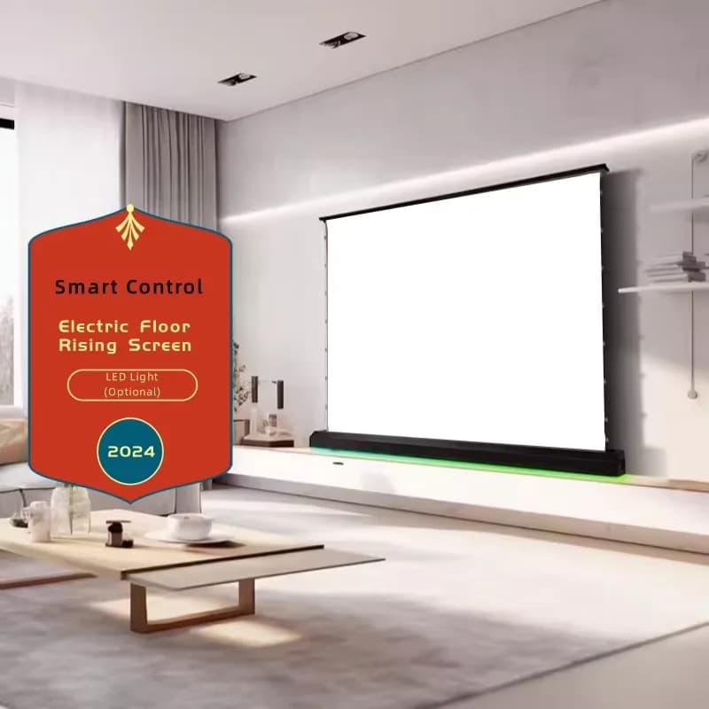 Schermo per proiettore a pavimento motorizzato intelligente in alluminio nero con superficie cinematografica bianca in PVC e modalità di controllo multiple