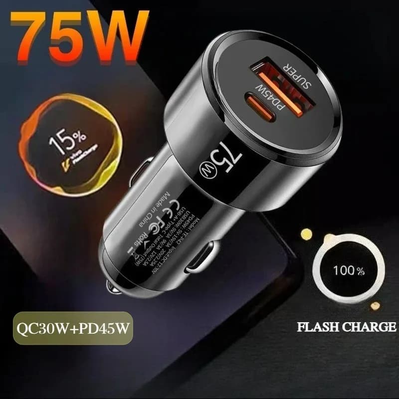 Caricabatterie da auto USB 75W a 2 porte QC3.0+PD45W per Huawei/iPhone/Xiaomi, adattatore per accendisigari a ricarica rapida