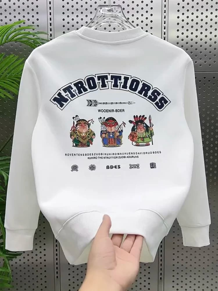 Felpa con Cappuccio a Maniche Lunghe con Stampa Indiana, T-shirt da Uomo con Collo Tondo, Moda Casual Giovanile, Autunno Inverno, Misto Cotone e Poliestere