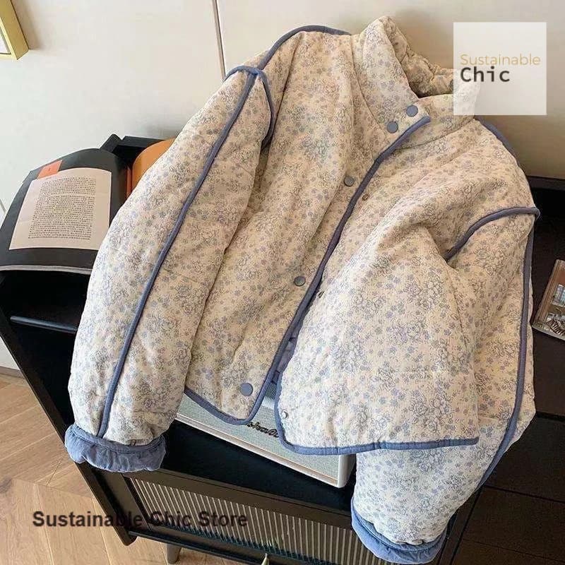 Cappotto giacca imbottita in cotone con cuciture floreali in velluto a coste blu stile francese da donna autunno e inverno nuovo caldo cappotto a vento pigro