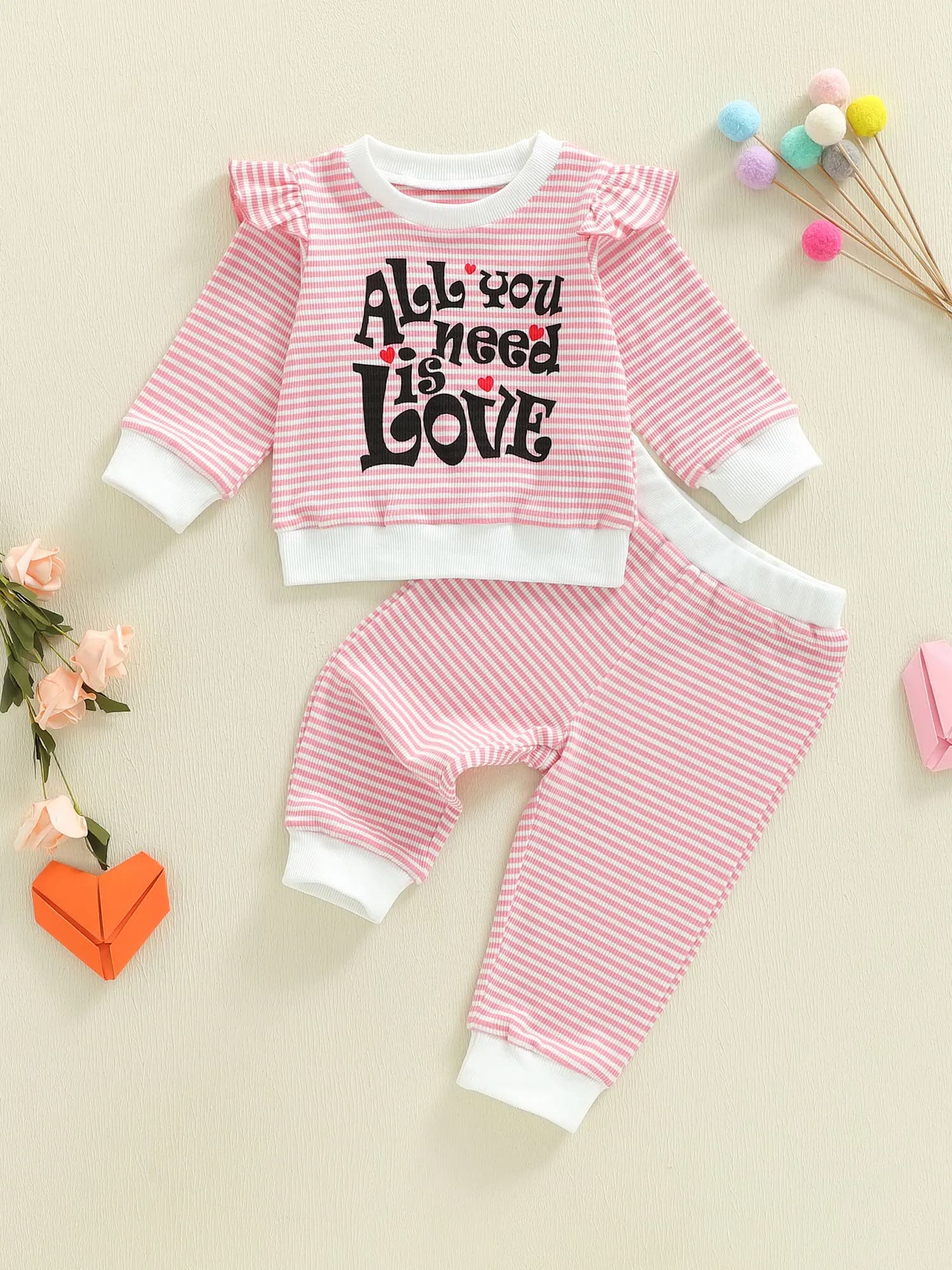 Valentine's Day Dress for Newborn Set top and trousers with pink heart print Set of 2 pieces for children with long sleeves