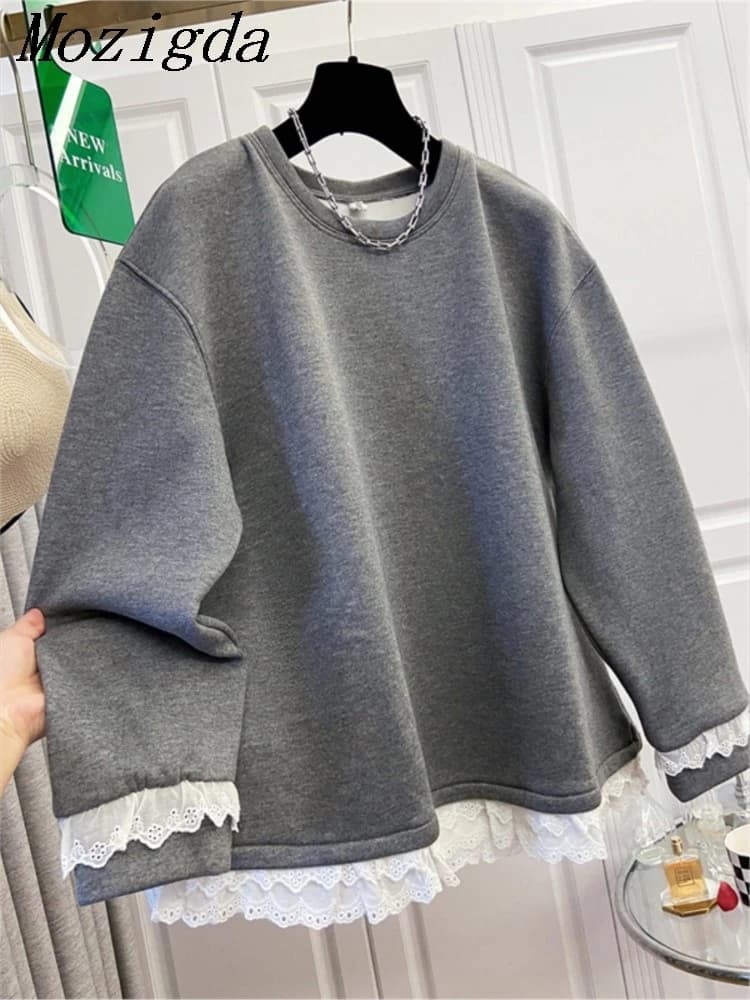 Autumn Winter Large Size Lace Trim Sweatshirt Women Casual Loose Velvet New Style Round Neck Full Sleeve Cotton Blend Top
