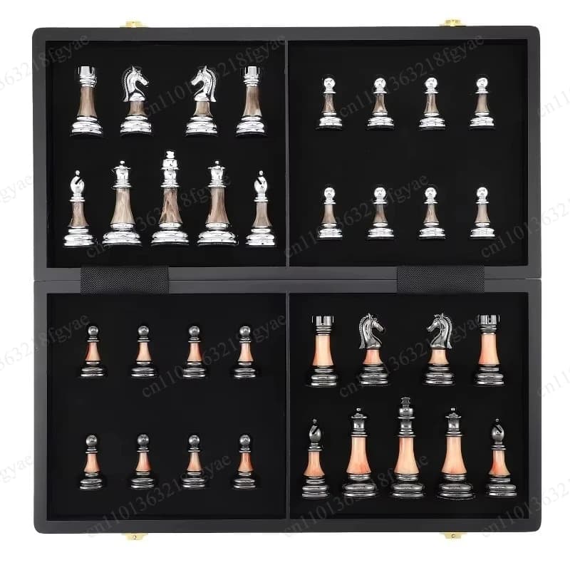 Triple Weighted Staunton Chess Set, 3.5" King Silver Black Anodized Metal Pieces, Triple Chess Board With Wooden Storage Box
