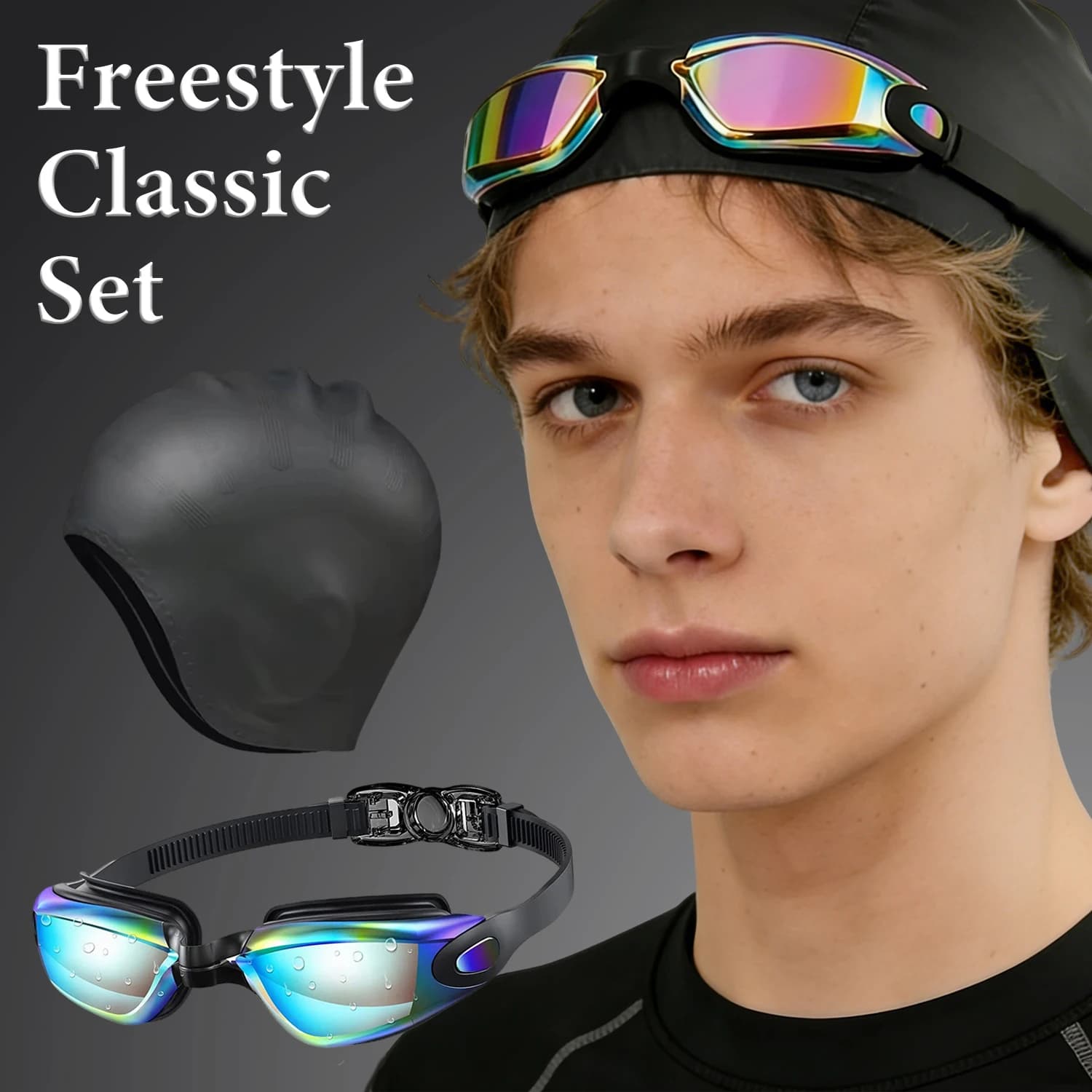 Set of Freestyle Swimwear and Silicone Headphones, Waterproof Professional Eyewear Anti-fog with UV Protection for Adults